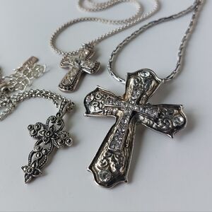3 Vintage Cross Necklaces/Gothic Religious Rhinestone Patonce + Budded Pendants